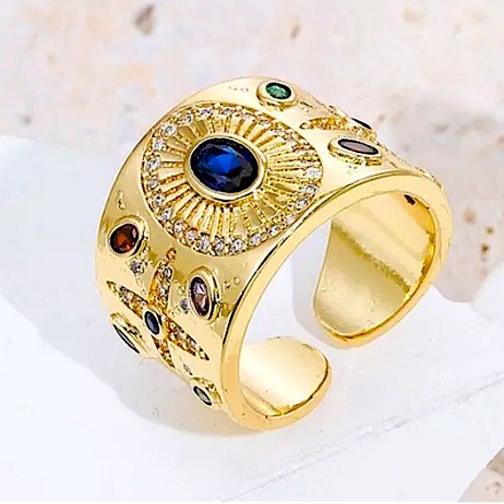 Multicolor Gemstone Gold Plated Adjustable Ring